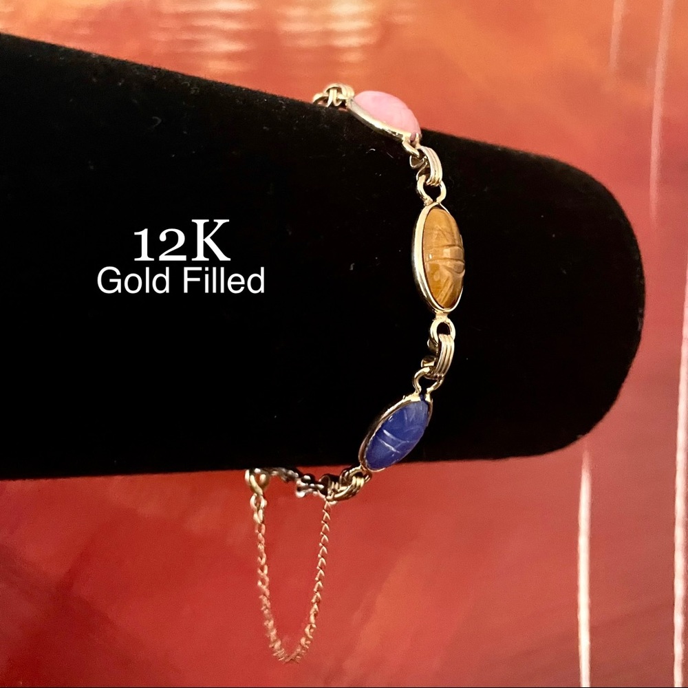 12K YELLOW GOLD FILLED SCARAB BRACELET MULTI GEMSTONE RAINBOW WOMANS VINTAGE